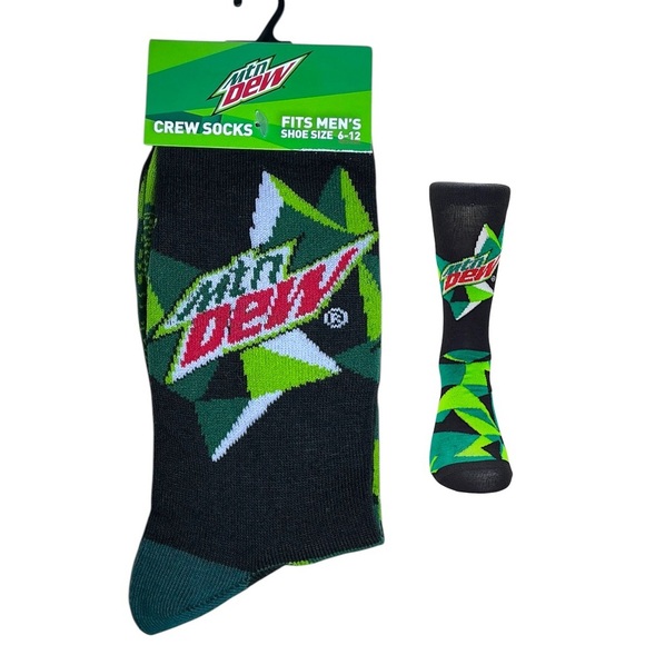 Socks Mountain Dew Novelty Crew Length Reinforced Black Green Unisex Men 6-12 - Picture 2 of 16